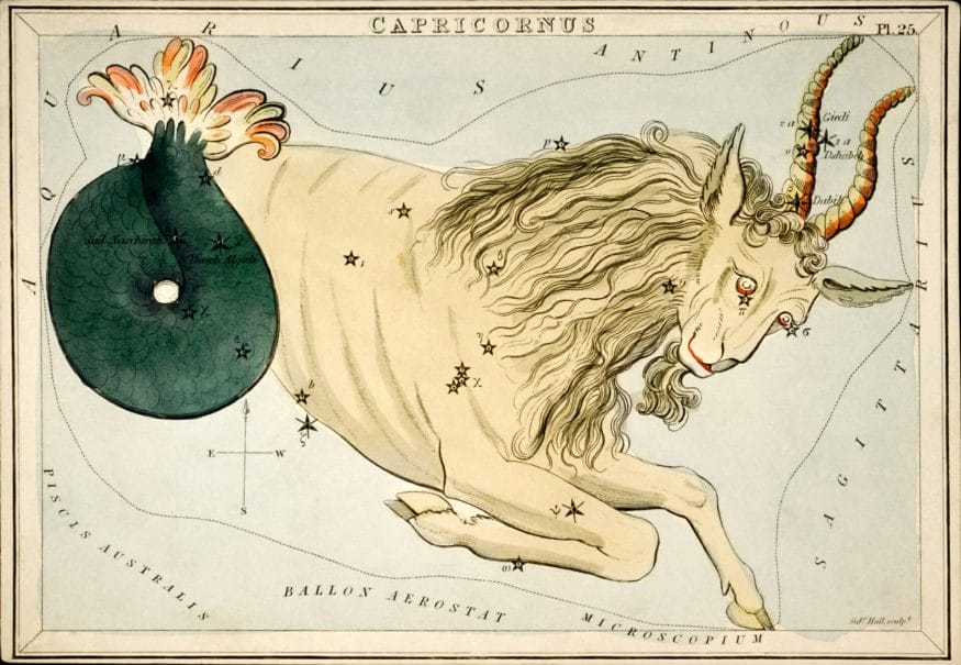 The capricorn zodiac sign is often depicted as a sea goat, with the head of a goat and the body of a fish