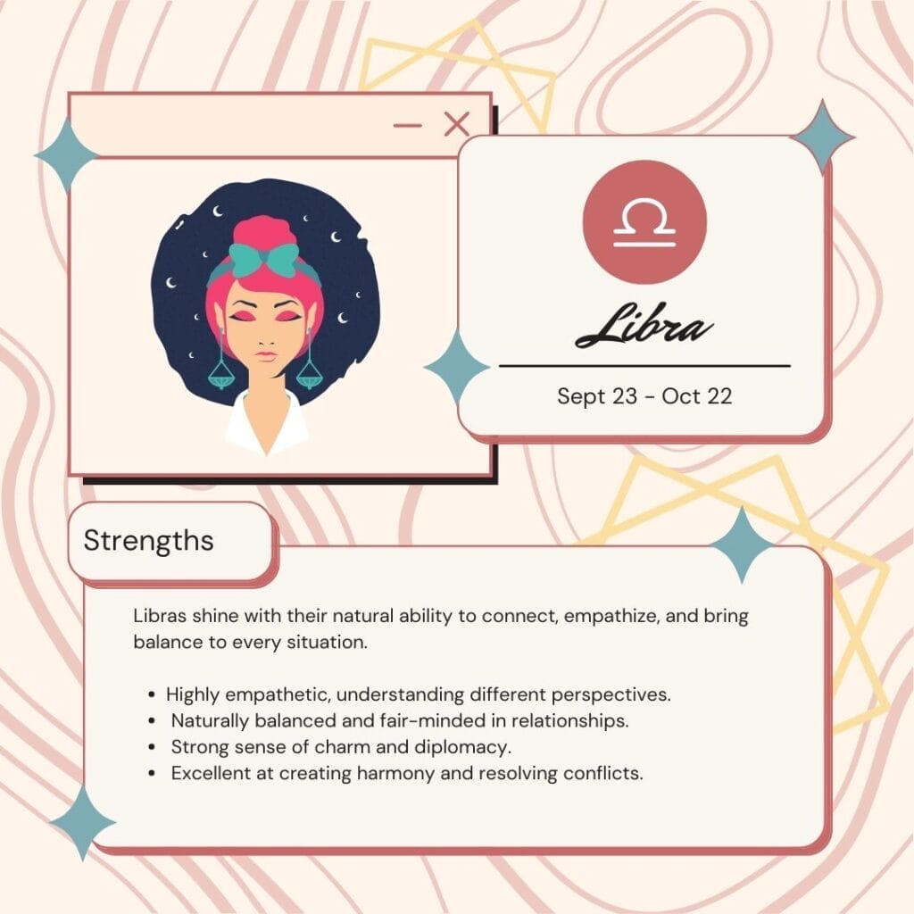 Libra's strengths based on their personality traits include empathy, balance and fair-mindedness, and diplomacy